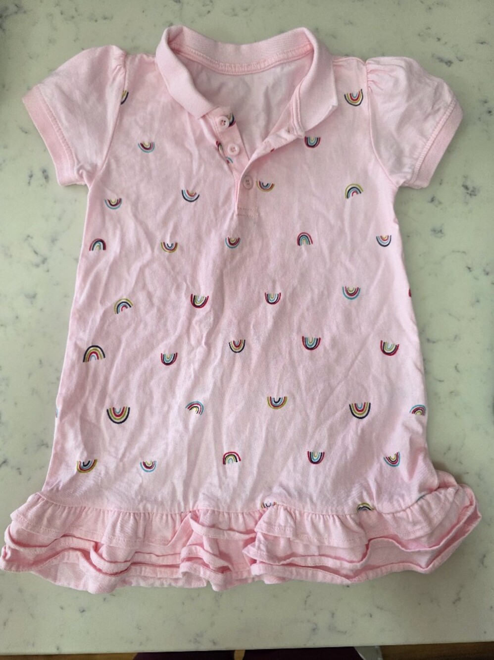 Kids 100% Cotton Pink Rainbow-Print Short Sleeve Preppy Ruffle Dress